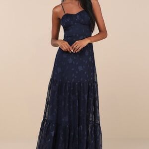 NWT Lulus Navy Blue Burnout Floral Bustier Tiered Maxi Dress - Size L